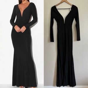 NWOT Glamorous in Glitter Black Long Sleeve Backless Maxi Dress